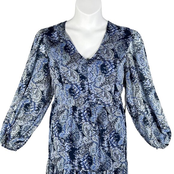 NWT Joie L Midi Dress Blue White Abstract Bohemian Balloon Sleeves Chiffon Flowy - Picture 2 of 16